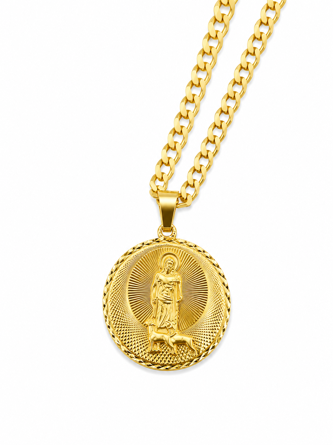 10k Gold 24” 5mm Curb Link Chain with Saint Lazarus Pendant