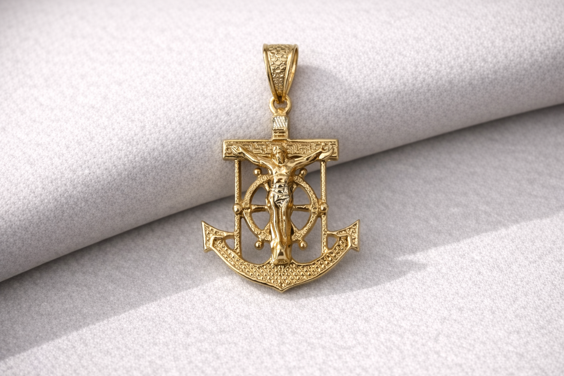 10K Gold Anchor Pendant with Jesus Figure