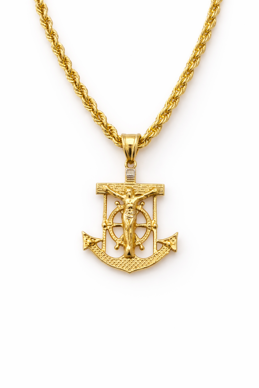 10K Gold Hollow Rope Chain Set with Anchor Pendant
