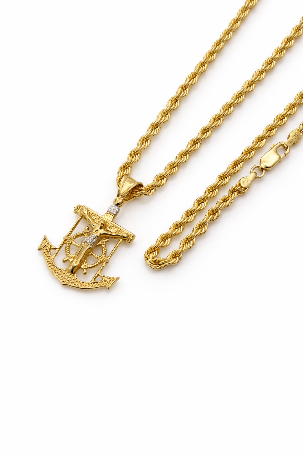 10K Gold Hollow Rope Chain Set with Anchor Pendant