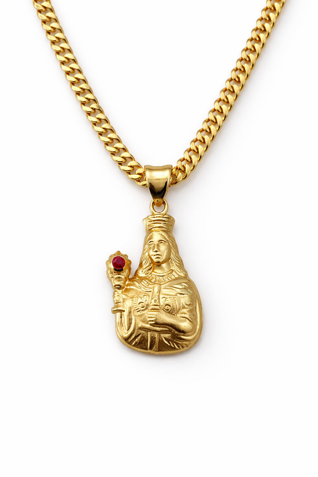 10K Gold 24” 4 mm Cuban Link Hallow Chain Set with Saint Barbara Pendant