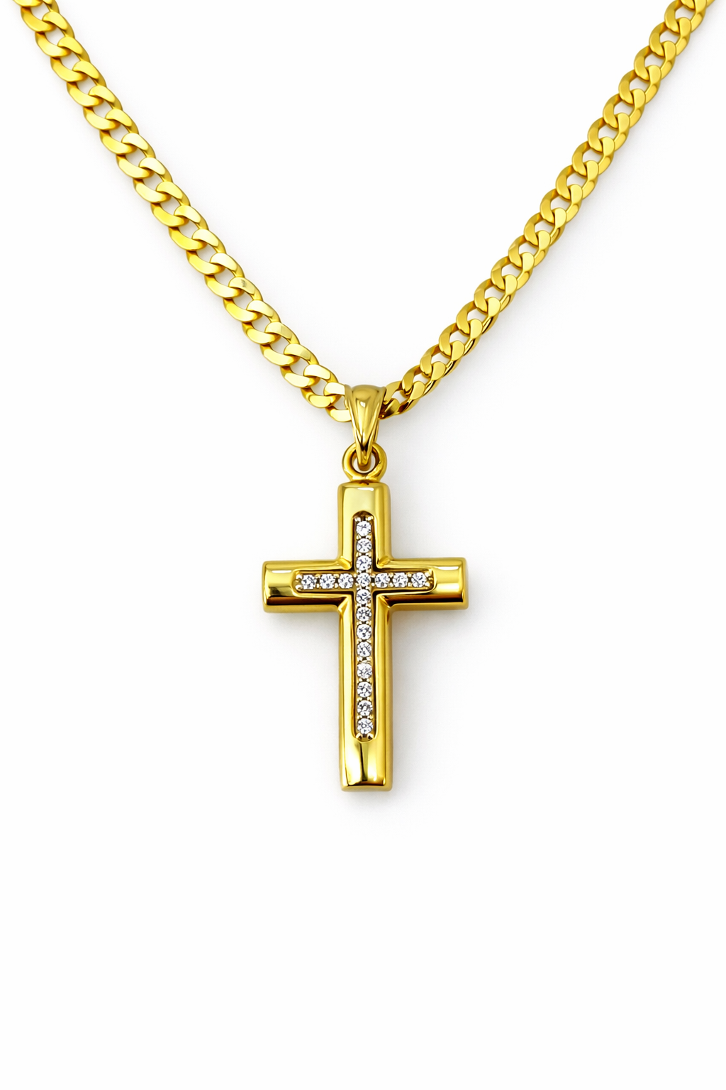 10K Gold 22” 2mm Curb Chain Set with Cross Pendant