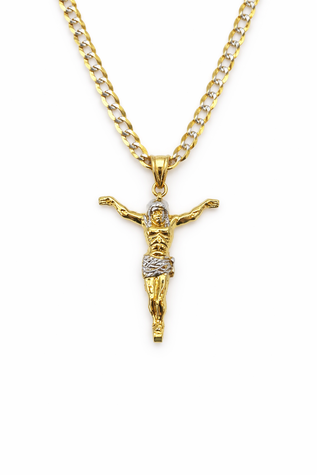 10K Gold 24” 4mm Curb Chain Set with Jesus Christ Pendant