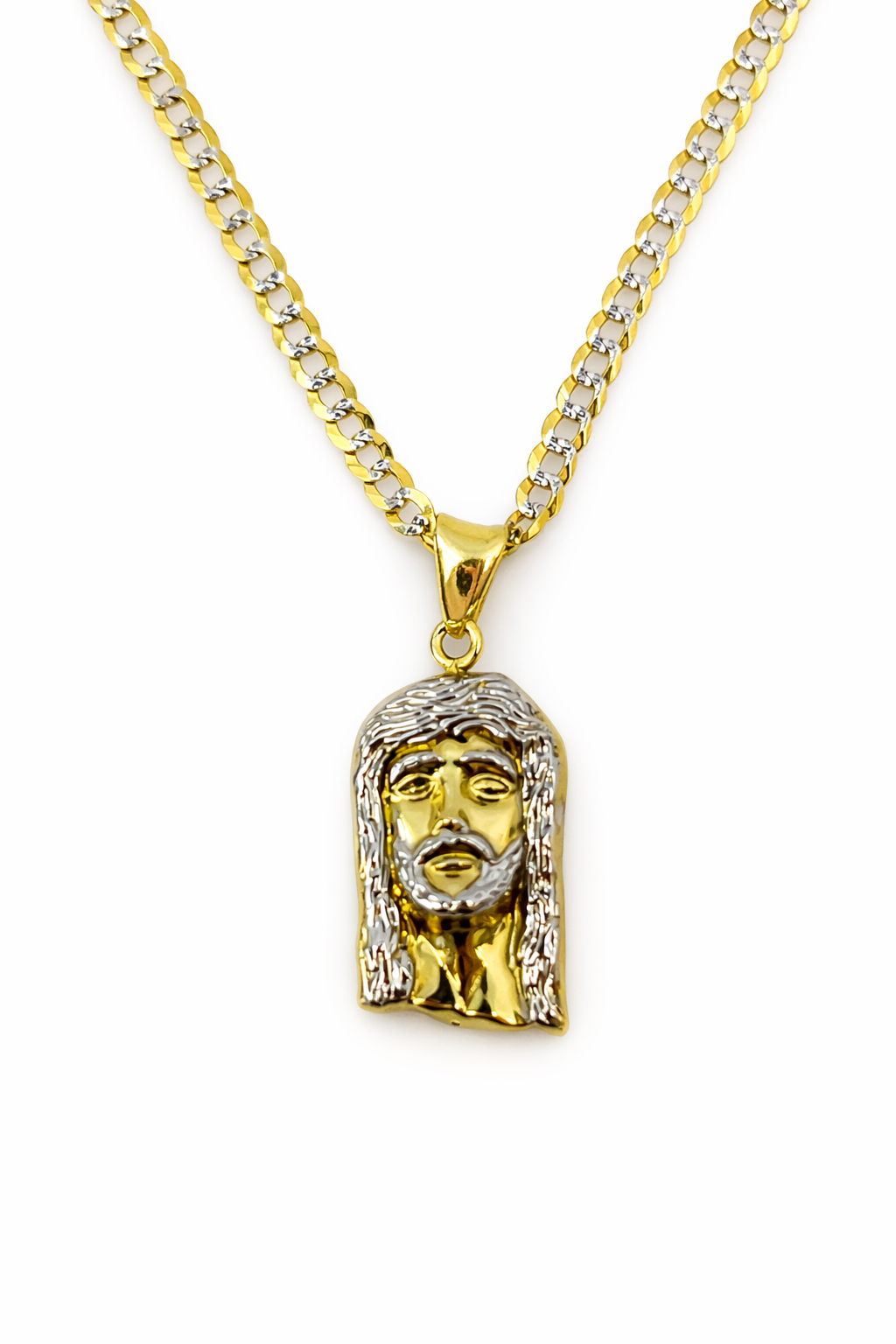 10K Gold 24” 4mm Curb Chain Set with Jesus Christ Pendant