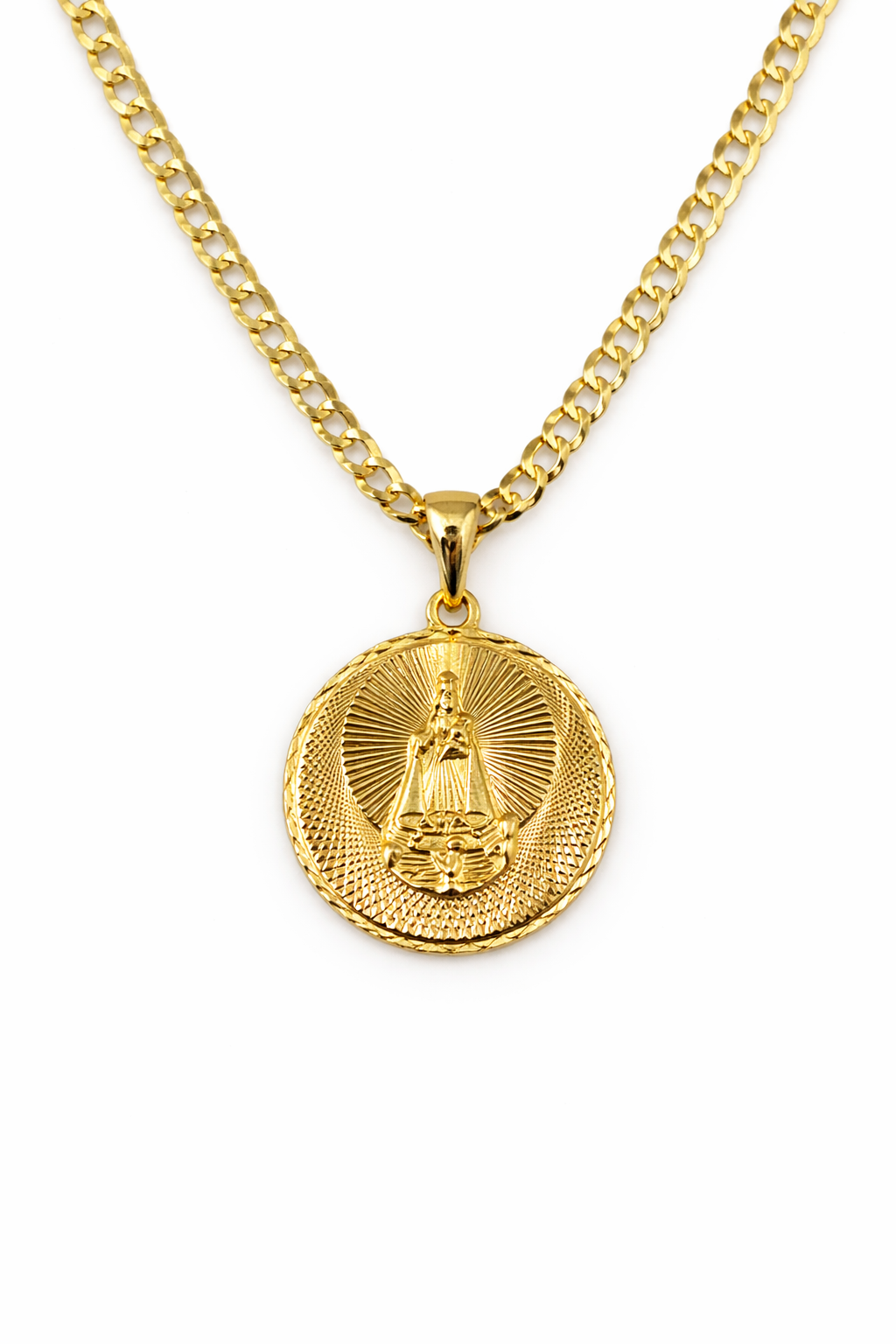 10K Gold 24” 4mm Curb Chain Set with Virgin Of Charity Pendant