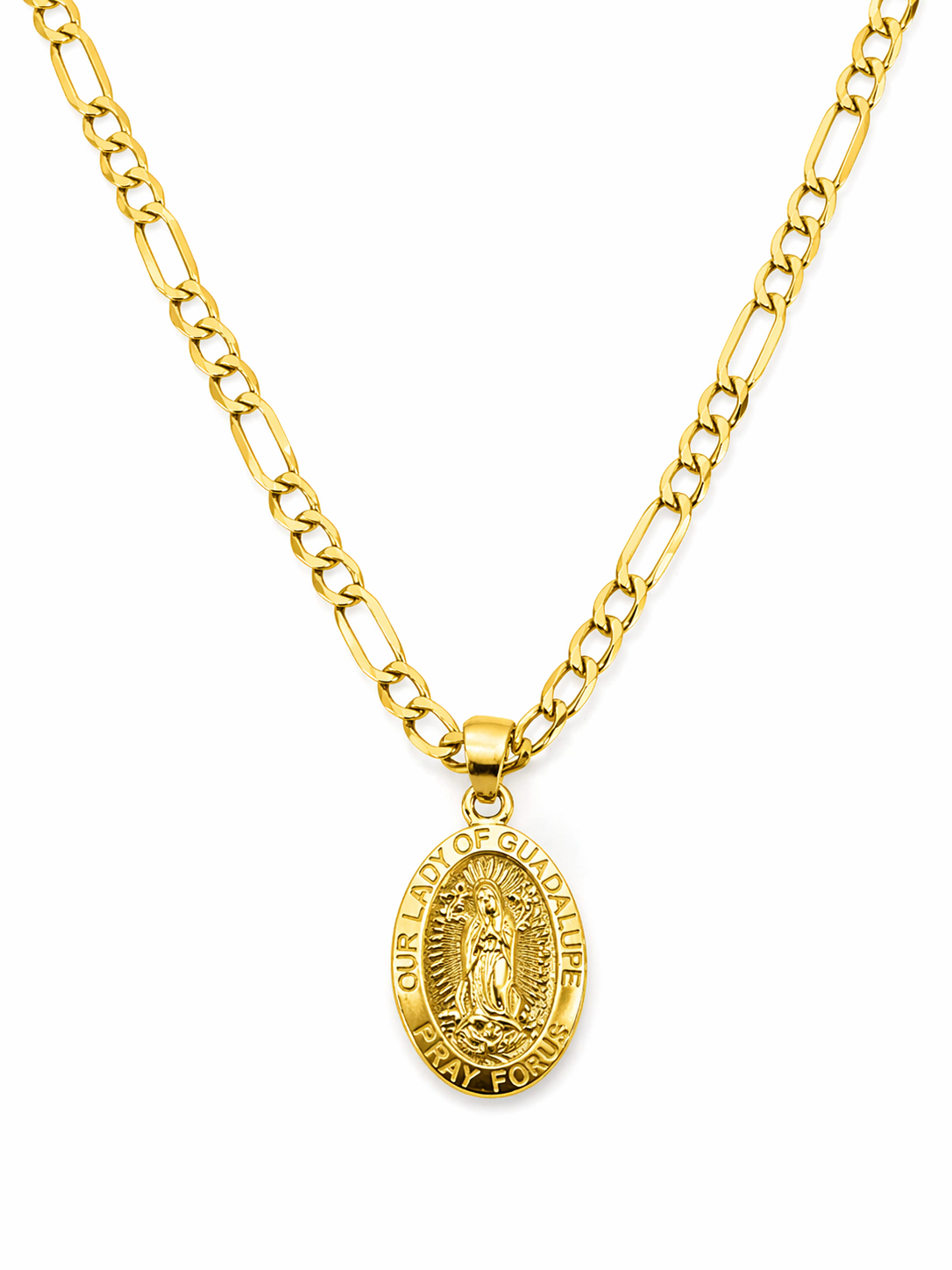 14K Gold 16” 3mm Figaro Chain Set with Lady Of Guadalupe Pendant