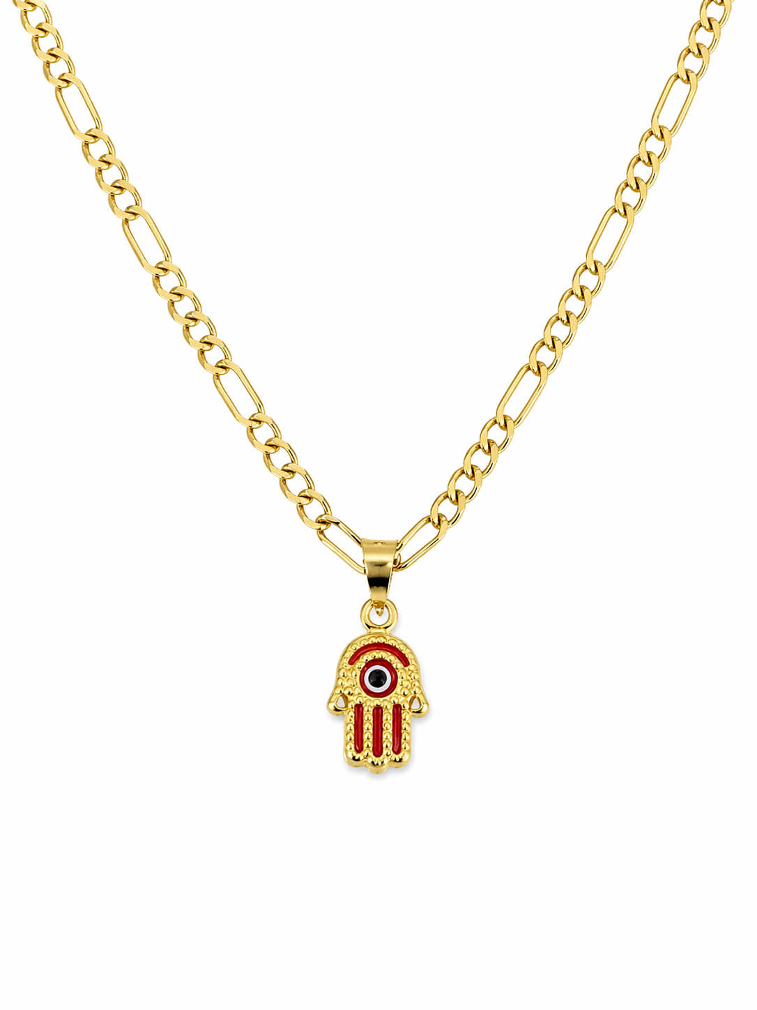 14K Gold 24” 3mm Figaro Chain Set with The Hand Of Fatima