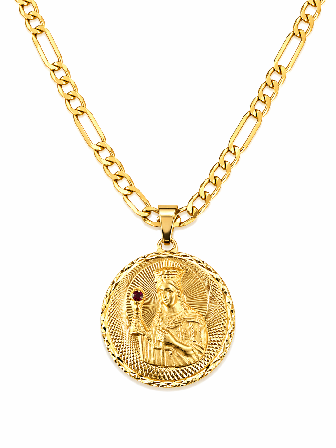 10K Gold 22” 5mm Figaro Chain Set with Saint Barbara