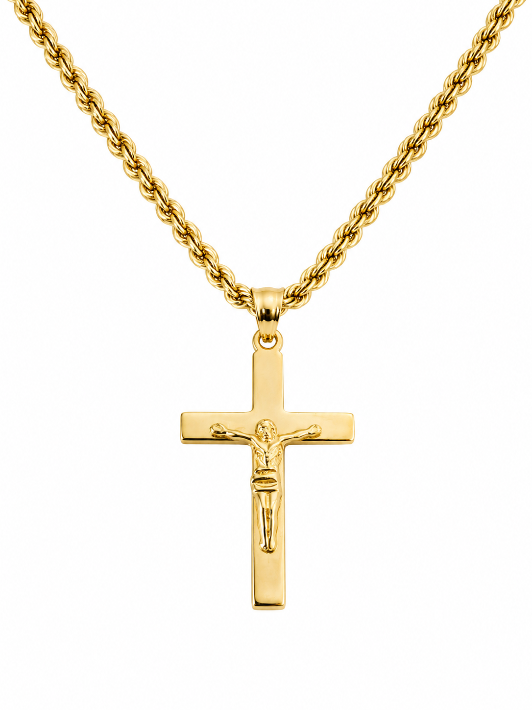 10K Gold 24” 4mm Rope Hallow Chain Set with Cross Pendant