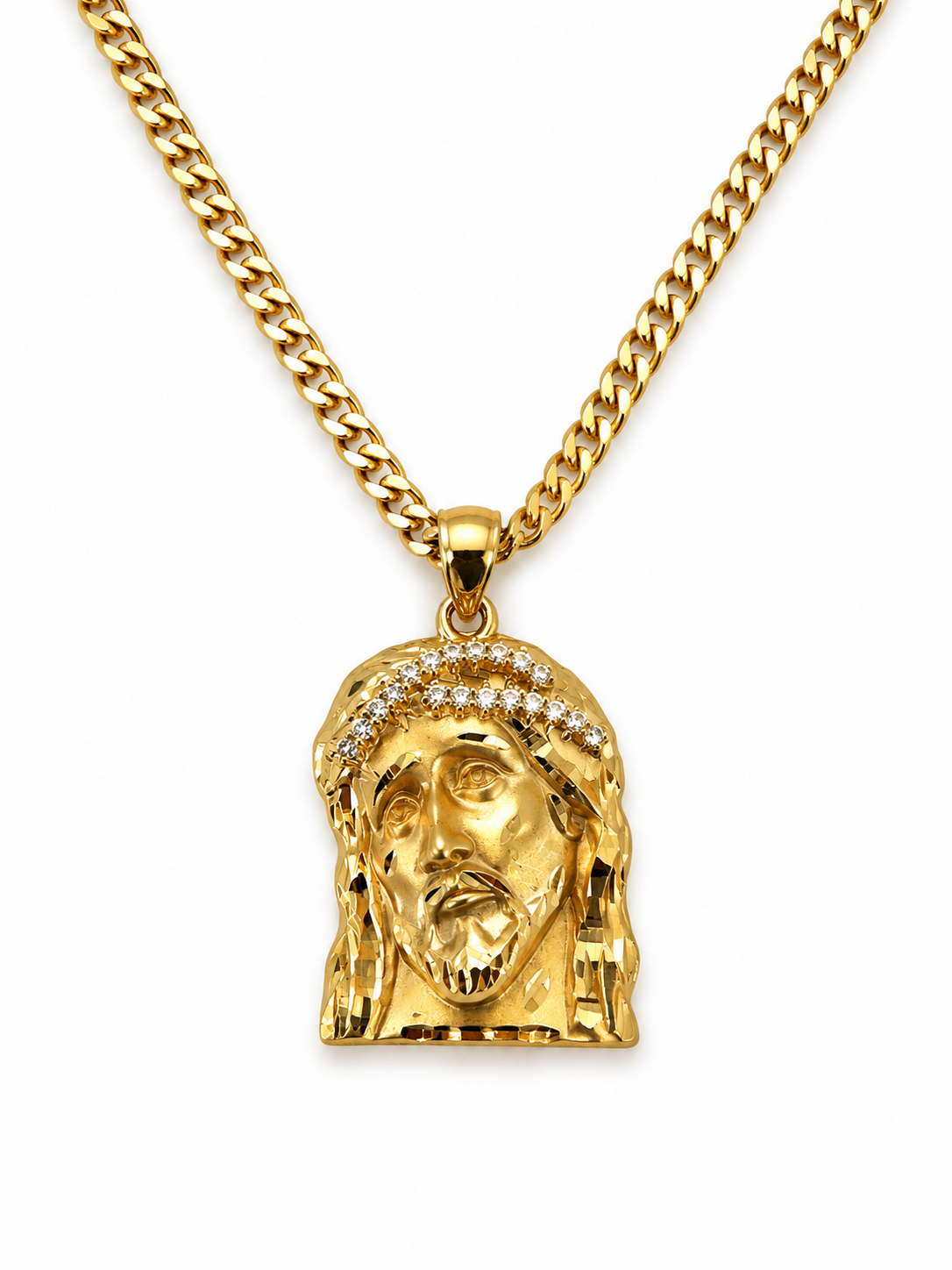 10K Gold 22” 3mm Cuban Hallow Chain Set with Jesus Pendant