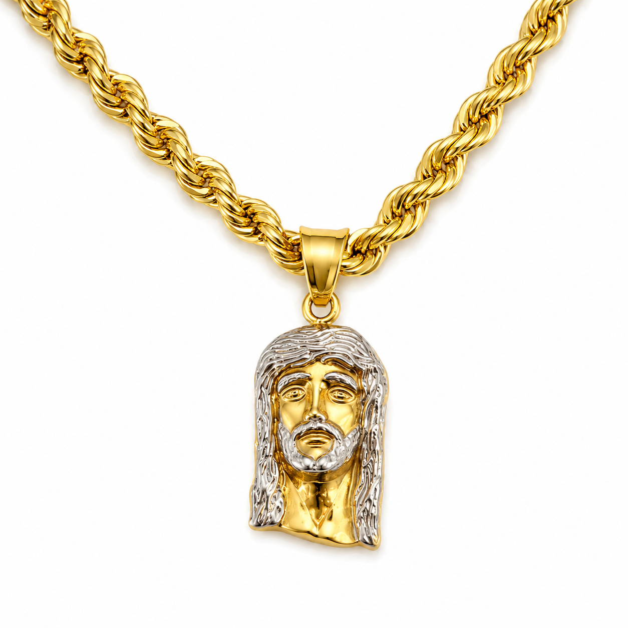 10k Gold 22” 5mm Curb Link Chain with Jesus Pendant