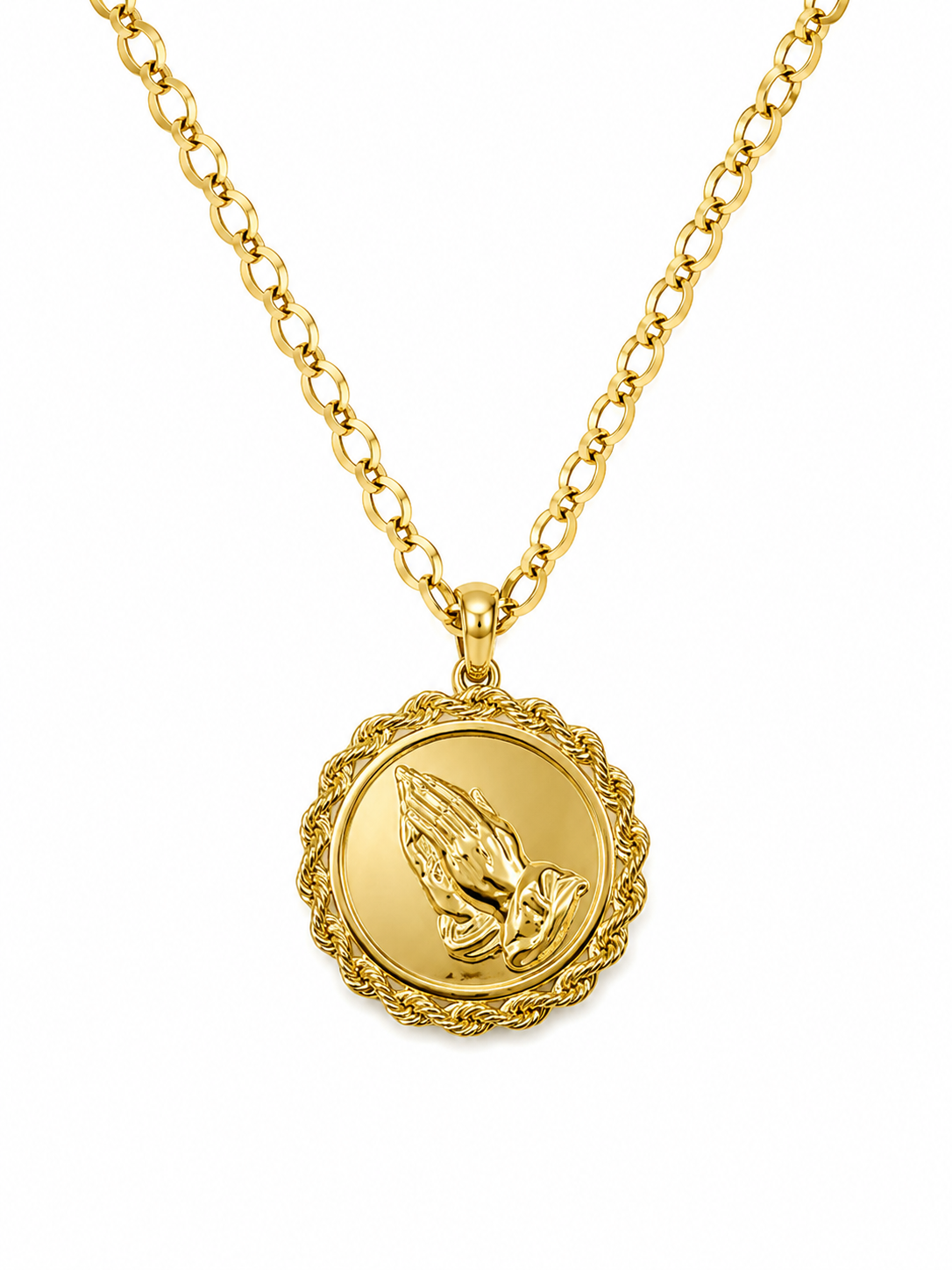 10k Gold 22” 2mm Curb Link Chain with Hands Pendant