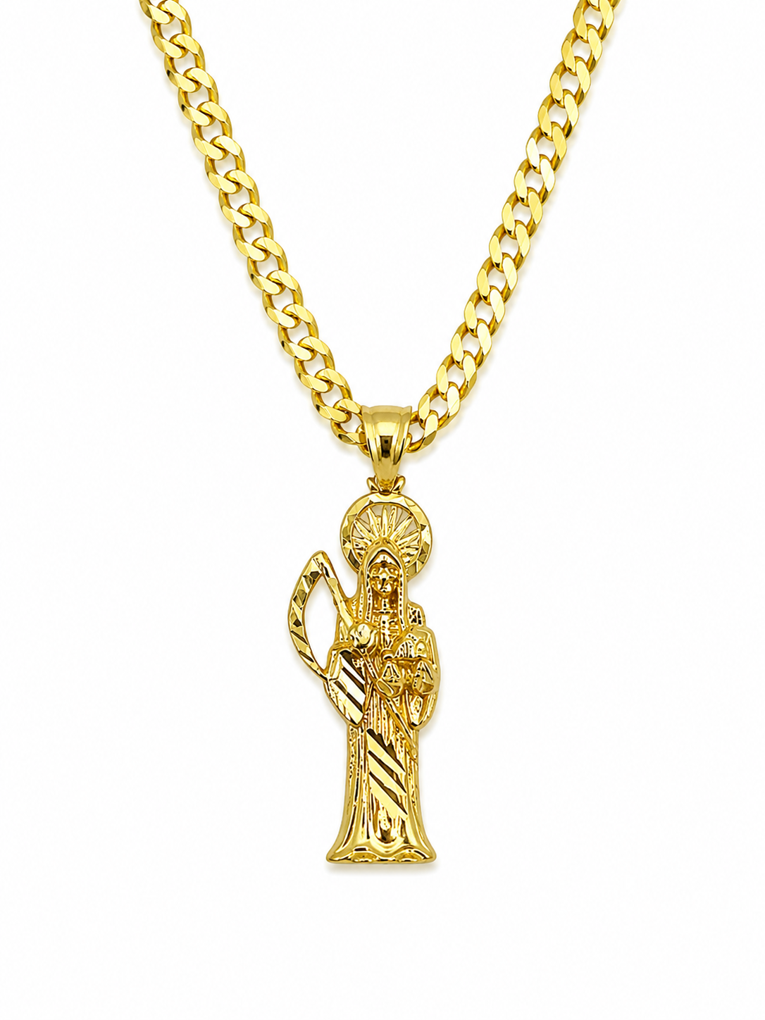 10k Gold 24” 2mm Curb Link Chain with Saint Death Pendant