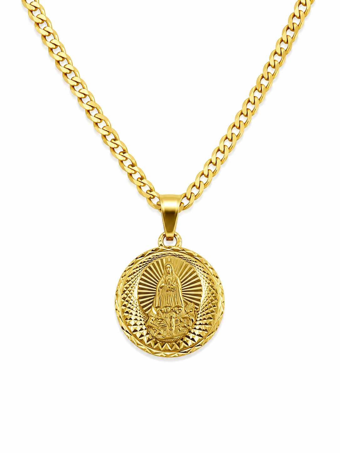 10k Gold 22” 2mm Curb Link Chain with Virgen of Charity Pendant