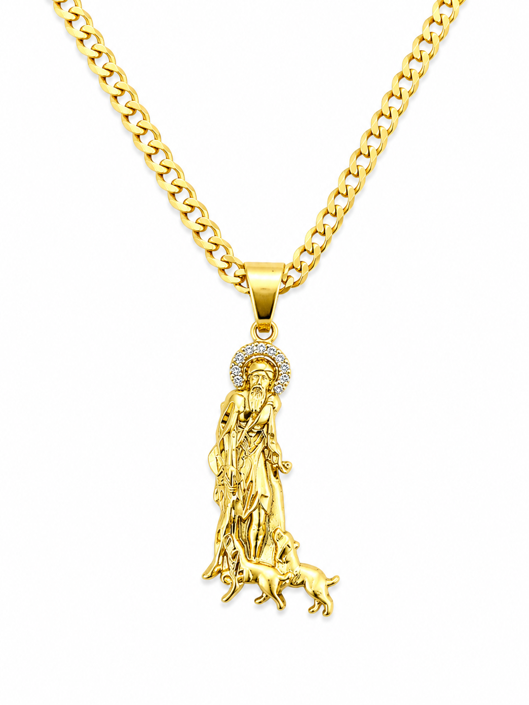 10k Gold 24” 5mm Curb Link Chain with Saint Lazarus Pendant