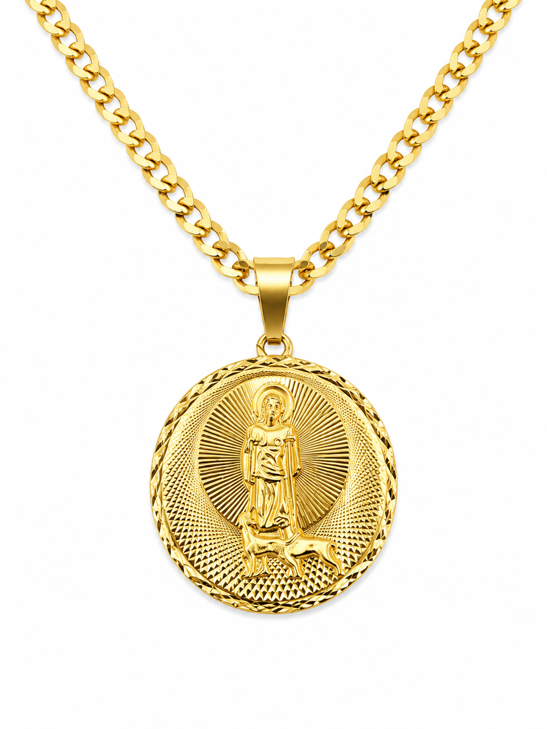10k Gold 24” 5mm Curb Link Chain with Saint Lazarus Pendant