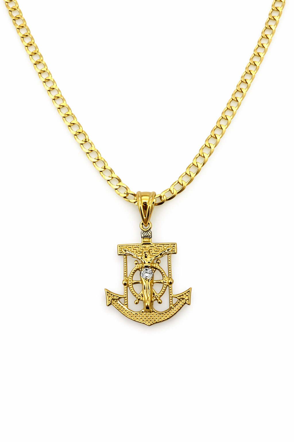 10K Gold 22” 2.5mm Curb Link Chain Set with Archor Pendant